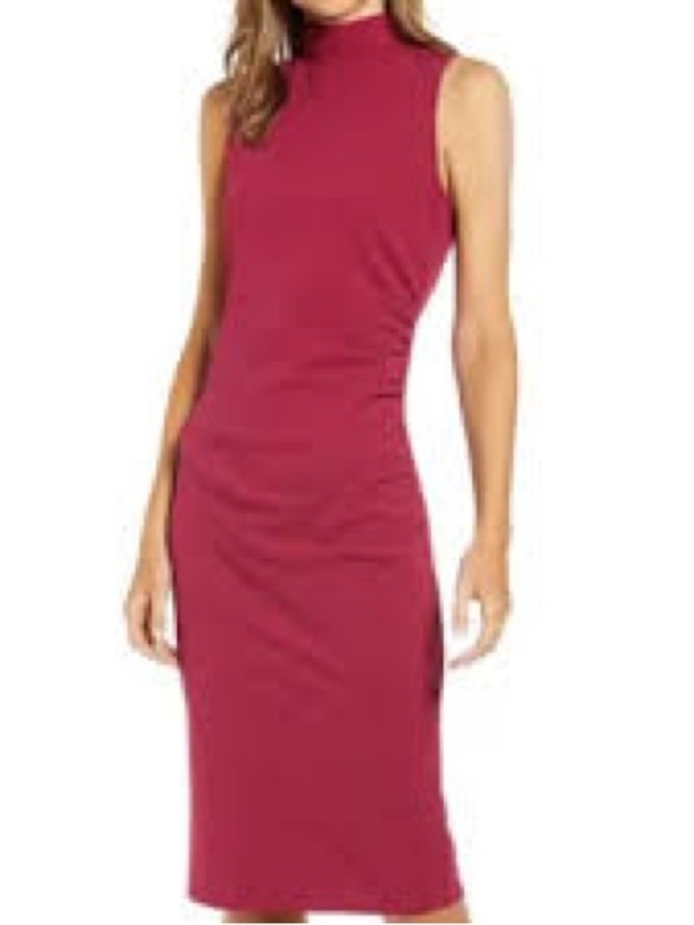 Chelsea28 Sleeveless Mock Neck Ruched Midi Dress in fuschia